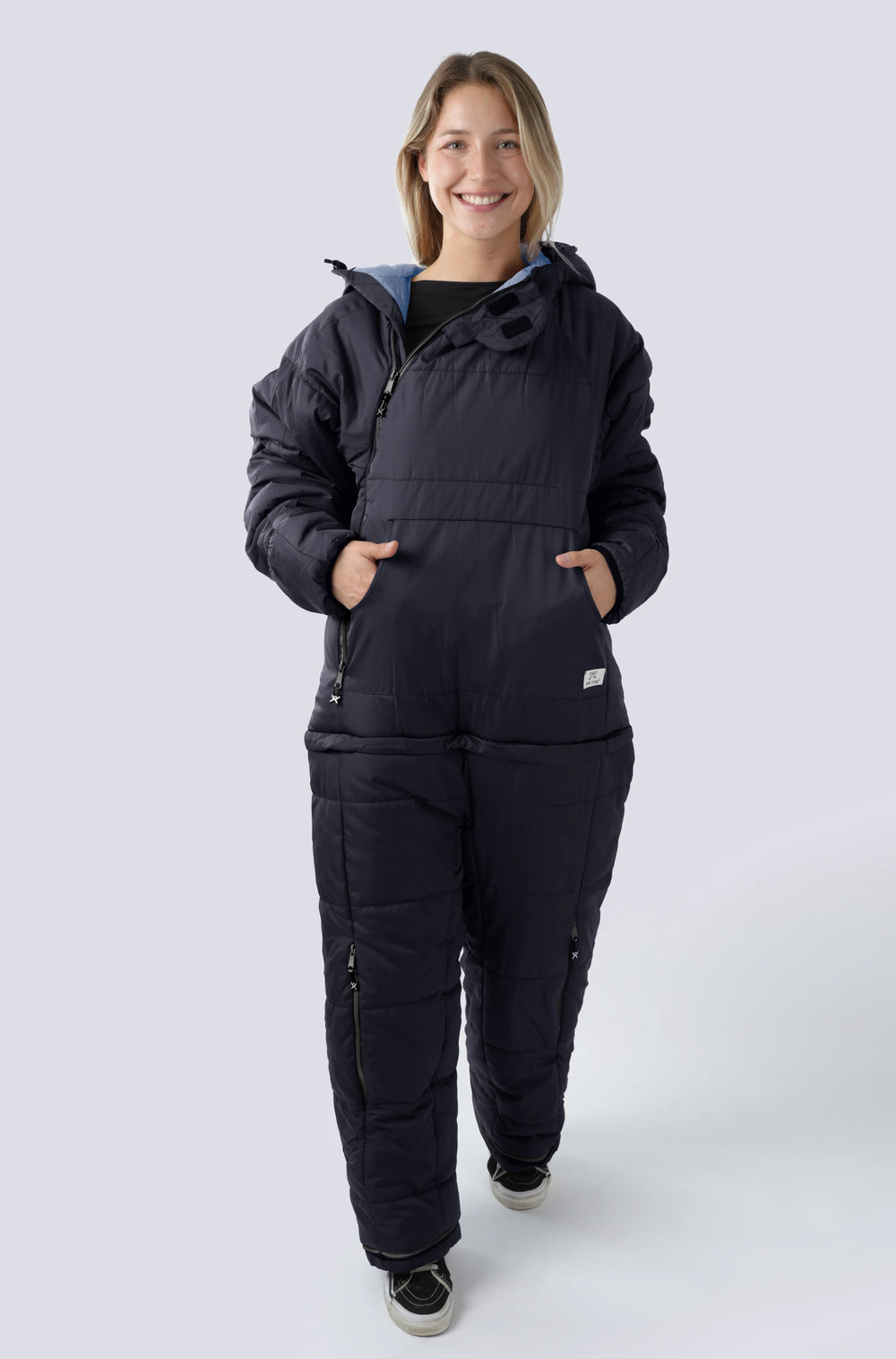 Woman wearing the selk'bag wearable sleeping bag