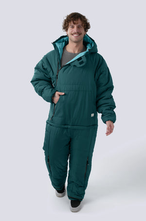 Man wearing the selk'bag wearable sleeping bag