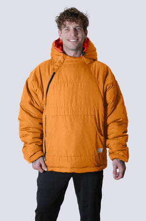 Man wearing the selk'bag wearable sleeping bag