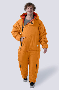 Man wearing the selk'bag wearable sleeping bag