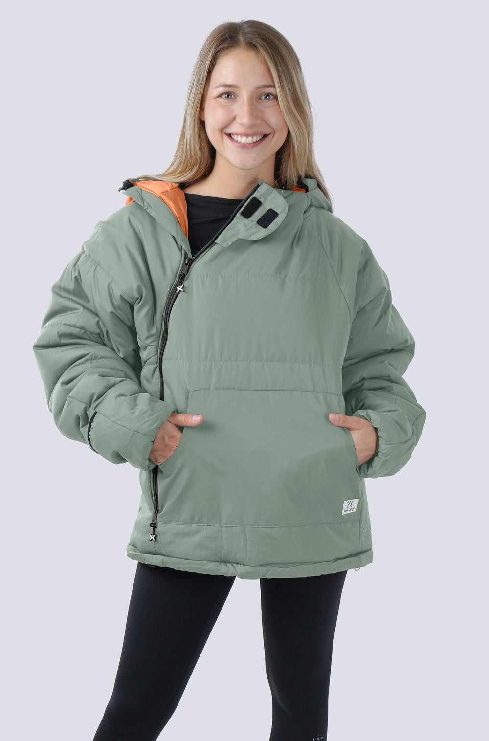 Woman wearing the selk'bag wearable sleeping bag