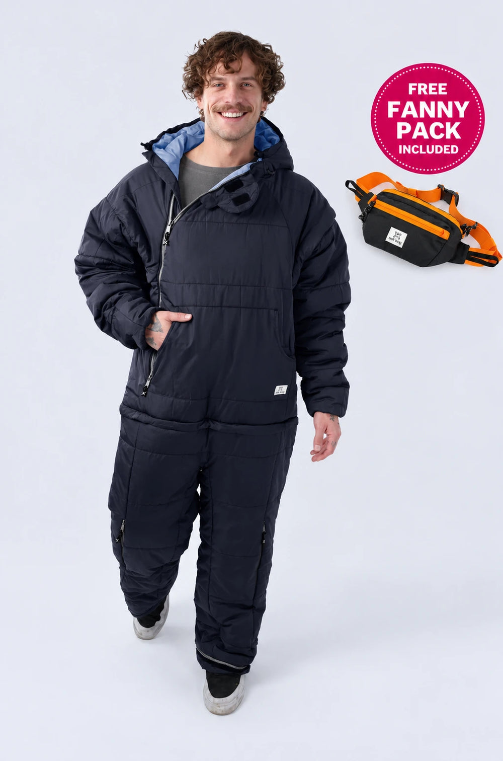 Man wearing selkbag wearable sleeping bag