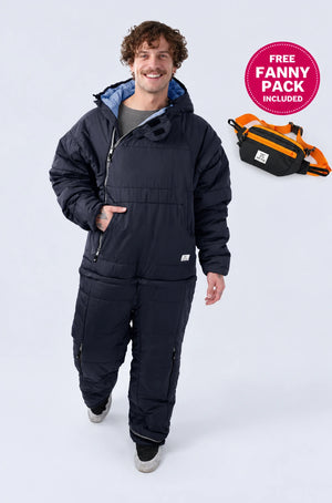 Man wearing selkbag wearable sleeping bag