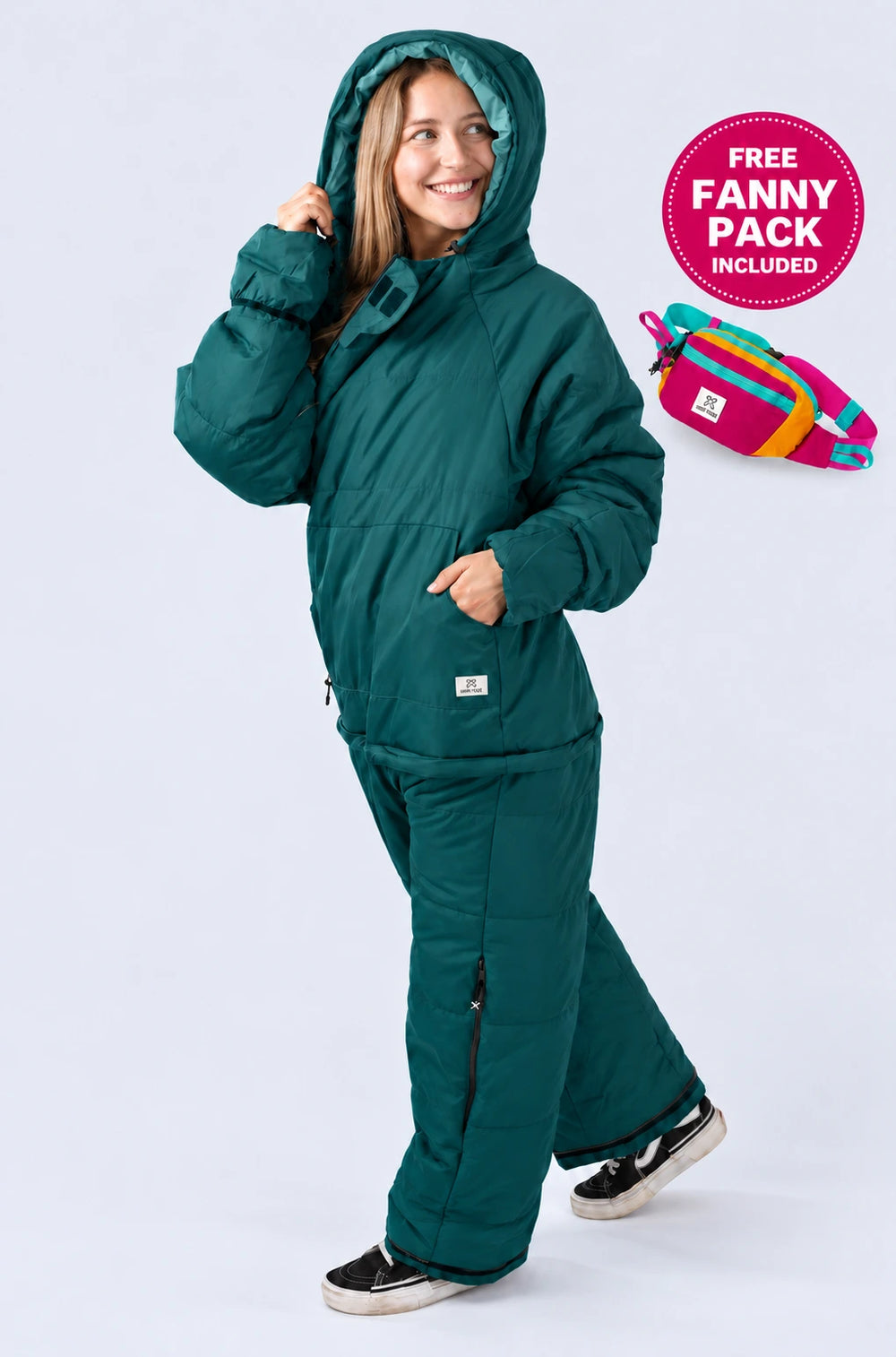 Woman wearing selkbag wearable sleeping bag