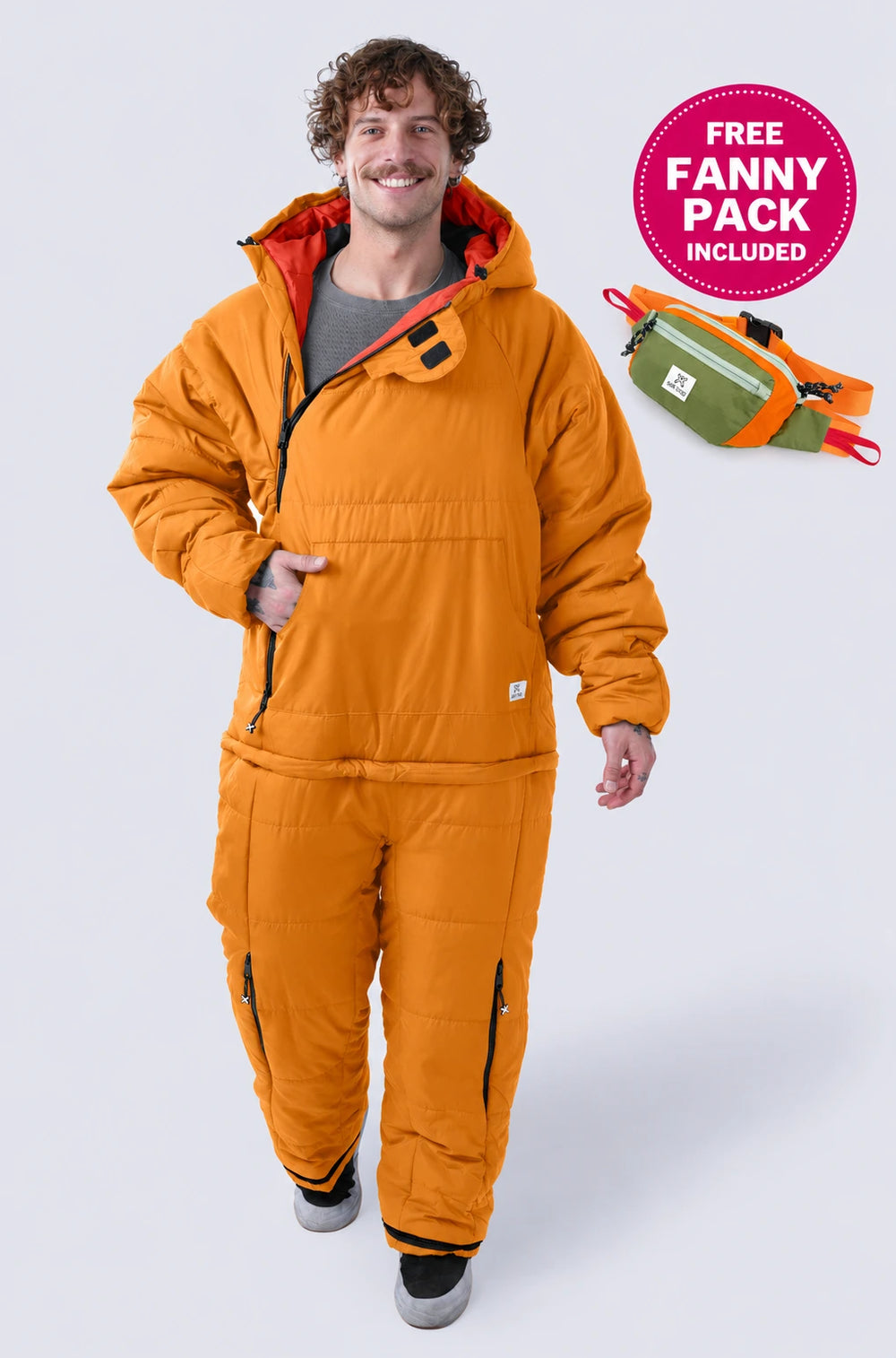 Man wearing selkbag wearable sleeping bag