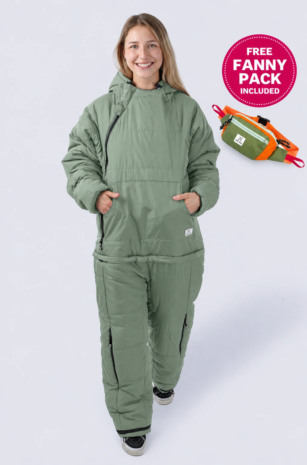 Woman wearing selkbag wearable sleeping bag