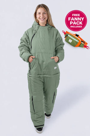Woman wearing selkbag wearable sleeping bag
